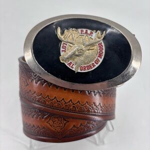 Vintage P.A.P. Loyal Order of Moose Purity Aid Progress Buckle Leather Belt